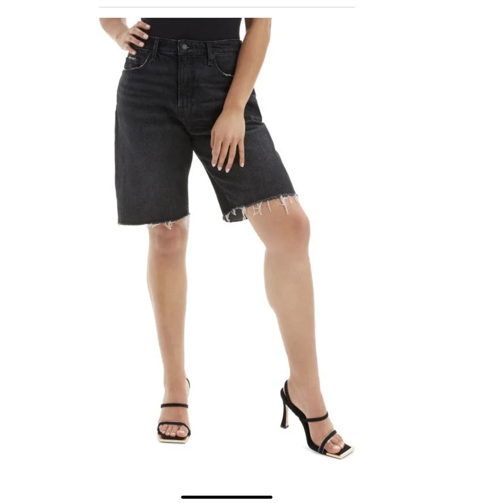 Black Denim Bermuda Shorts High Rise Raw Hem Good American Good 90s 00 24 New